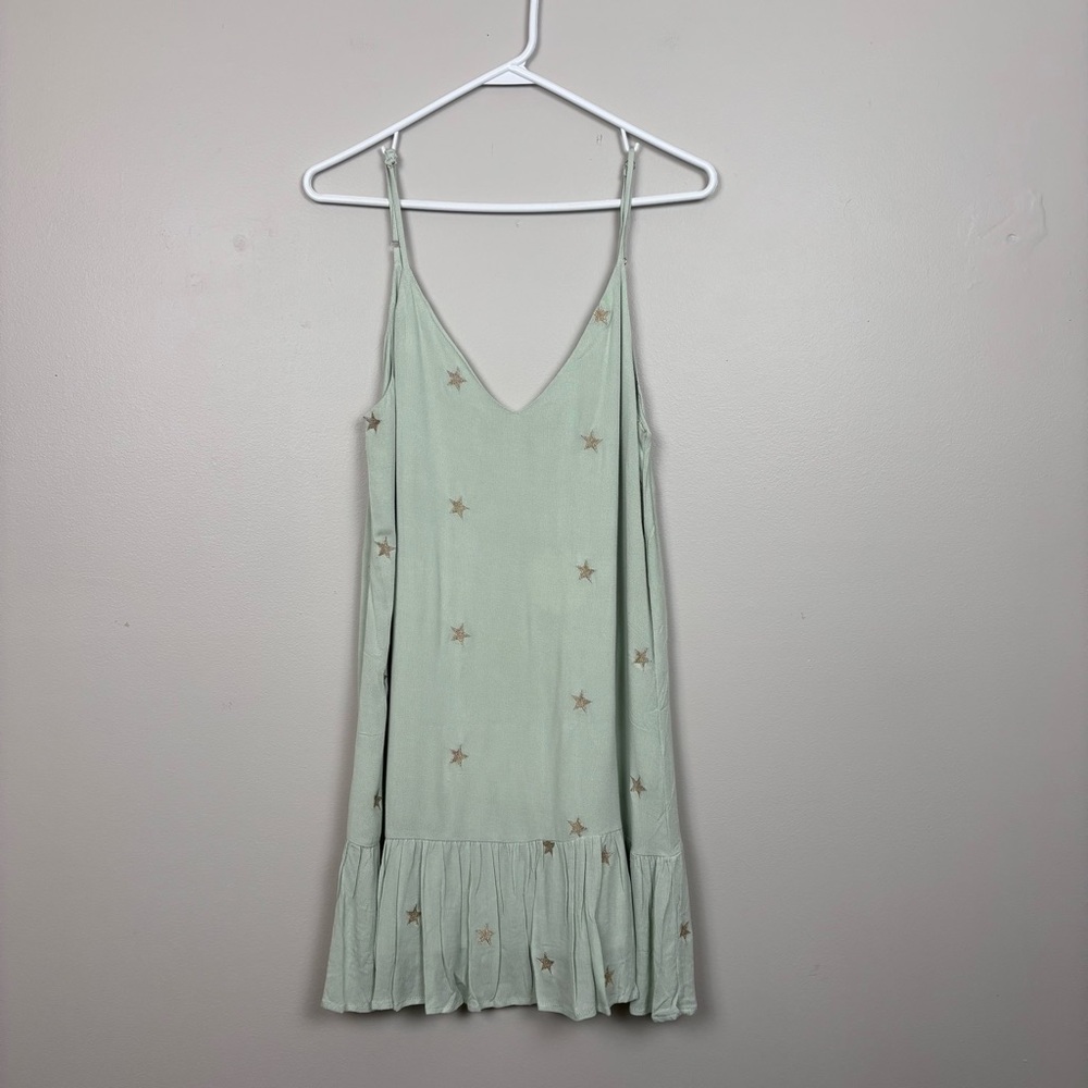Storia Dress Womens Sm Green Gold‎ Star Mini Ruffled Hem Flowy Lined Dainty